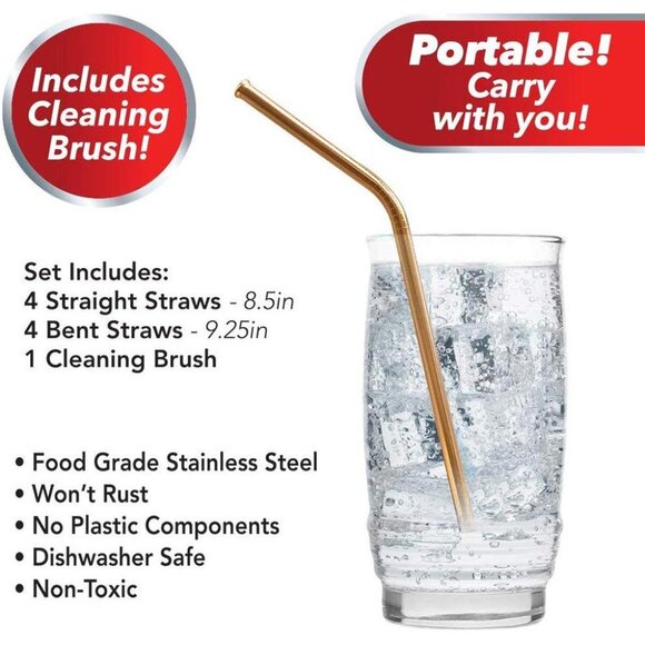 AS SEEN ON TV RED COPPER 8 PC REUSABLE STRAWS W/CLEANING BRUSH (NEW WITH TAGS) - Picture 2 of 3